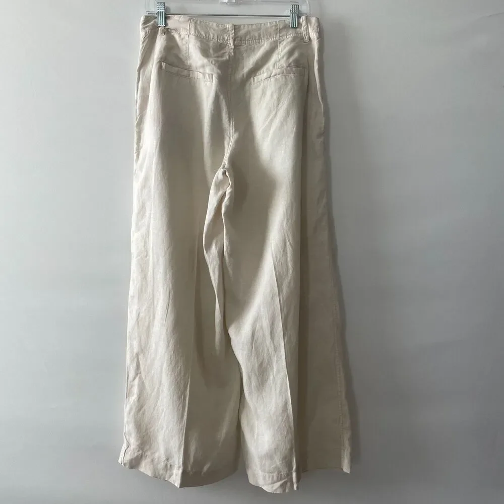 Free People Womens 4 Wide Leg Linen Lyocell Pants Ivory Beige Pleated Trousers
